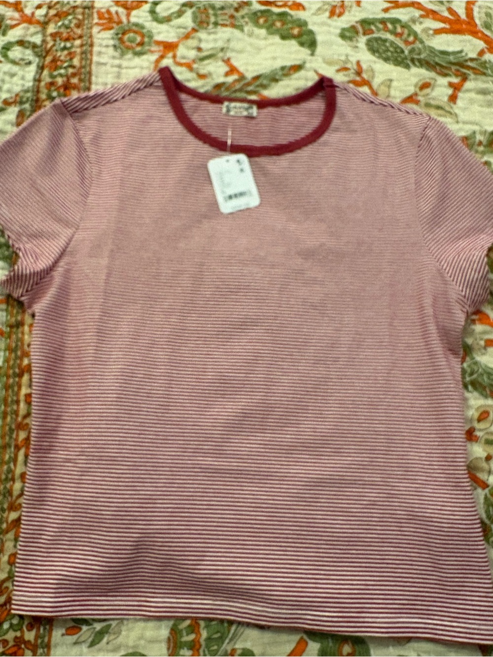 Free People Baby Tee Pink and Red Striped Short Sleeve Tee